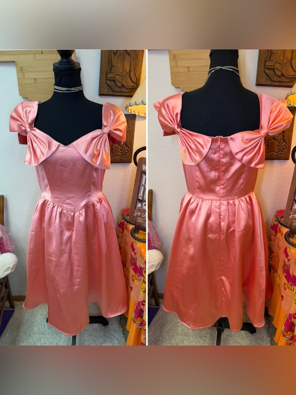 JESSAKAE COCO Dress Peach Salmon Pink Retro Big Bows Prom Formal w/Pockets SMALL